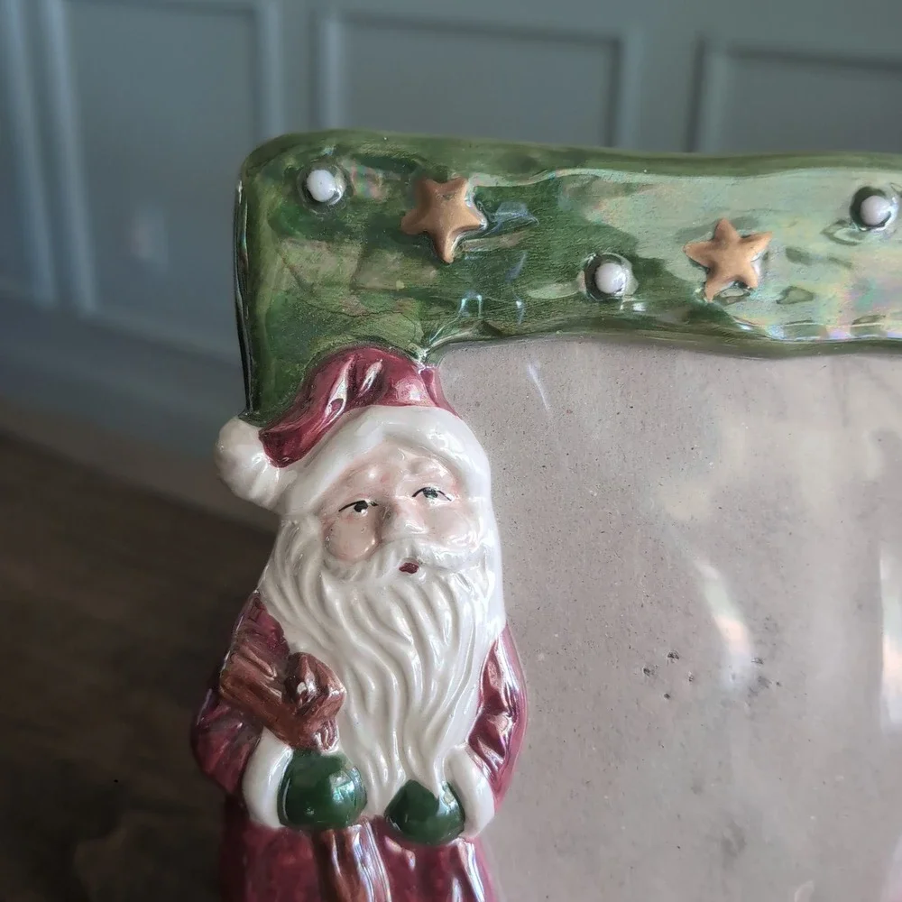 Vintage Hand Painted Ceramic Santa Picture Frame Christmas Glossy Holiday Decor
